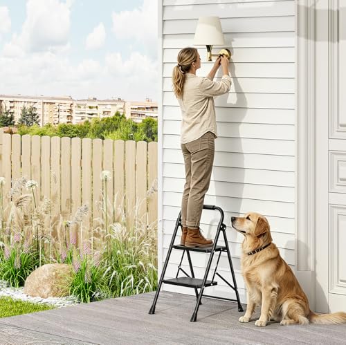 KINGRACK 2 Step Ladder Folding Step Stool with Handrail for Kitchen Black - size: 2-step