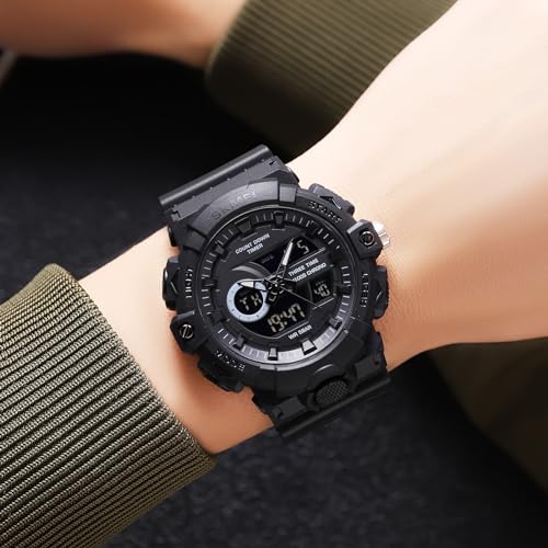 FANMIS Men's Analog Digital Sports Watch 50M LED Backlight Military Watch - color: Black