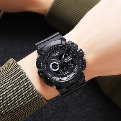 FANMIS Men's Analog Digital Sports Watch 50M LED Backlight Military Watch - color: Black