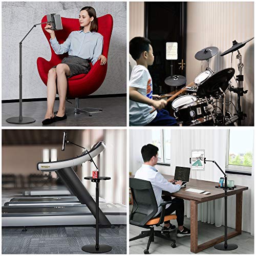 Adjustable Metal Tablet Phone Stand Mount Holder Compatible with Ipad Pro, Ipad Air.iPad mini,iPhone,Great for Office/Bed/Zoom/Netflix (Built in Cup/Phone Tray) (Black)
