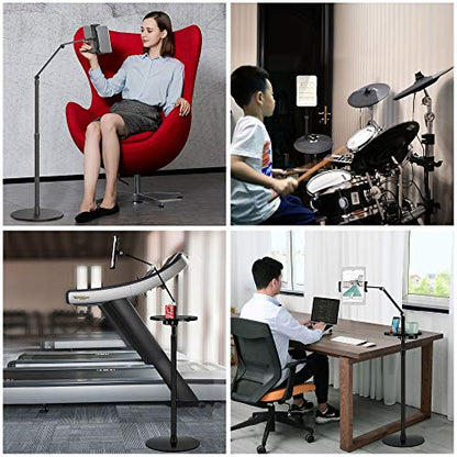 Adjustable Metal Tablet Phone Stand Mount Holder Compatible with Ipad Pro, Ipad Air.iPad mini,iPhone,Great for Office/Bed/Zoom/Netflix (Built in Cup/Phone Tray) (Black)