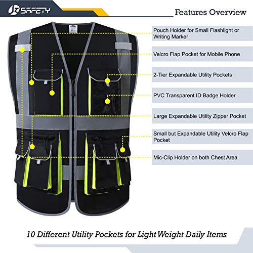 JKSafety Hi Vis Safety Vest for Men Women WIth 10 Pockets JK88 Black L - color: Black, size: Large