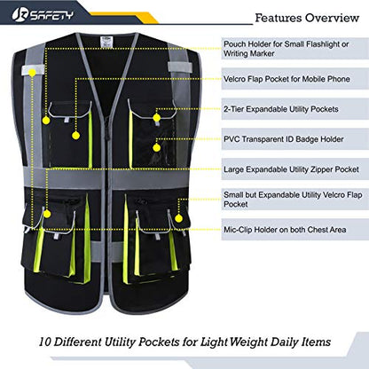 JKSafety Hi Vis Safety Vest for Men Women WIth 10 Pockets JK88 Black L - color: Black, size: Large