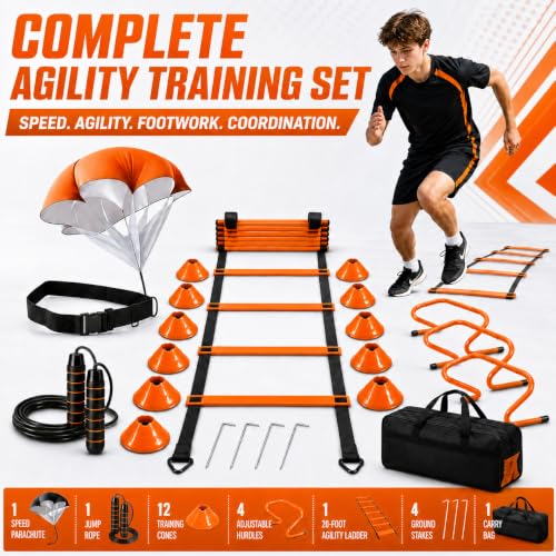Simple Deluxe Agility Ladder Speed Training Equipment Set, 20ft Speed Ladder, 4 Adjustable Hurdles, Resistance Parachute, 12 Soccer Cones, Jump Rope, Ground Stakes for Football & Fitness - color: Orange