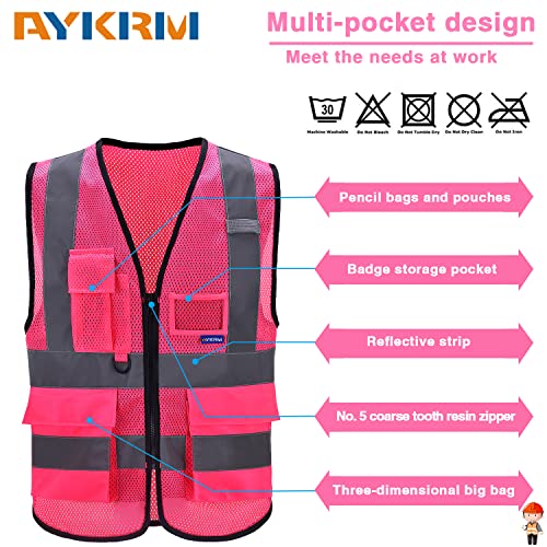 A-SAFETY Hi-Vis Reflective Mesh Vest with 7 Pockets, Zipper, Pink, 6XL-8XL - color: Pink Mesh, size: 6X-Large