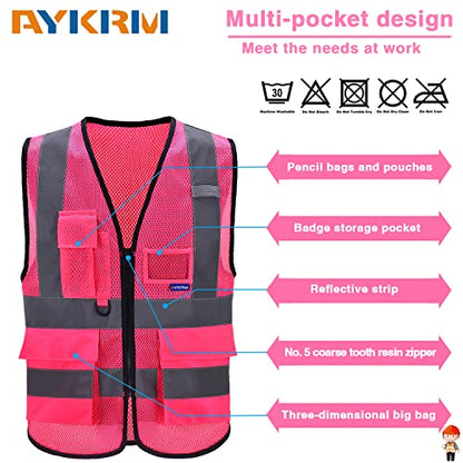 A-SAFETY Hi-Vis Reflective Mesh Vest with 7 Pockets, Zipper, Pink, 6XL-8XL - color: Pink Mesh, size: 6X-Large