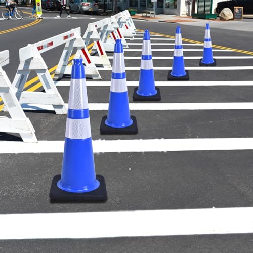 4 Pack 28 Inch Blue PVC Traffic Cones Black Base Stable Flexible, Road Safety Construction Zone Crowd Control Parking Safety Cones (4, Blue, 28 Inch) - color: Blue, size: 28 Inch