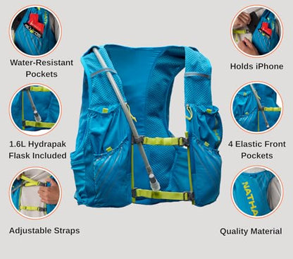 Nathan Men's Pinnacle Race Vest 12L Hydration Pack, 1.6L Water Bladder, Running Vest, Water-Resistant Pockets, Lightweight & Moisture Wicking - color: Blue Me Away / Finish Lime, size: Medium