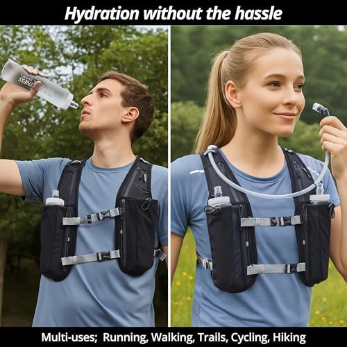 Running Hydration Vest for Women and Men. Reflective, 8 Pocket, Quick Dry, Water-Resistant, Breathable, Adjustable Backpack for Runs, Hiking, Cycling, Trails, Marathons - style: Black Vest + 1.5L Bladder + 2x 500ml Soft Flasks