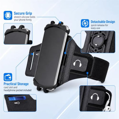Phone Holder for Running,Armband 360°Rotatable Phone Arm Bands for Running,Phone Holder with Storage for iPhone 17 16 15 14 13 Pro Max Plus for Workout Exercising Walking Jogging