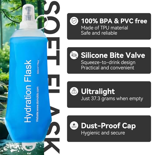 2 Pack 500ml Soft Flask, Shrink As You Drink Collapsible Water Bottles for Running Vest & Hydration Pack, BPA-Free Leak-Proof TPU Folding Bottle for Hiking Cycling Climbing Jogging-Blue - color: Blue