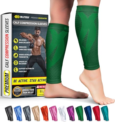 BLITZU Calf Compression Sleeves, Footless Compression Socks for Men & Women - color: Green, size: Large/X-Large