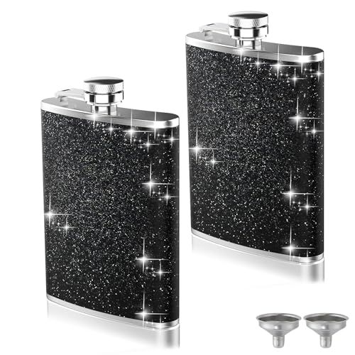 2-Pack 8 Oz Bling Hip Flasks for Liquor, Hianjoo Leakproof Stainless Steel Flasks with Funnel Pocket Flask for Women, Portable Metal Flask for Camping Outdoor Activity Wedding Party Gift, Black - color: Black