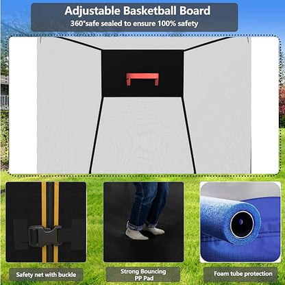 Lyromix Upgraded 14FT 15FT Trampoline Outdoor with Basketball Hoop, Stakes, Light, Sprinkler, Capacity for 4-8 Kids & Adults