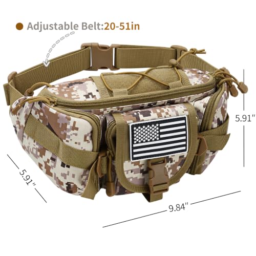 Hiking Waist Packs, Tactical Fanny Pack for Men Women, Waist Bag Hip Belt Bag Crossbody with 5 Zipper Pockets, Travel Outdoor Hiking Fishing Bumbag with Patch - Desert Digital Camo - color: Desert Digital Camo