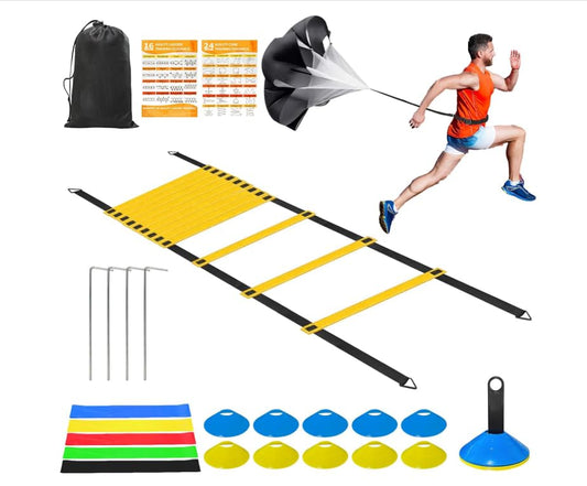 Hands Free Speed Agility Training Equipment Set - 20ft Agility Ladder, 10 Disc Cones, Resistance Parachute, 5 Resistance Bands & Carry Bag | Football Soccer Basketball Fitness Drills - color: Warm Yellow