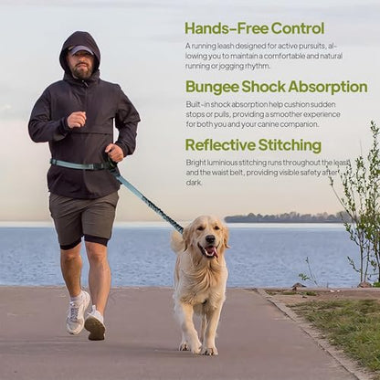 Hands Free Dog Leash with Zipper Pouch, Waist Leash for Dog Walking, Running and Hiking, Adjustable Belt with Handle, Reflective Bungee Design for Large & Medium Dogs