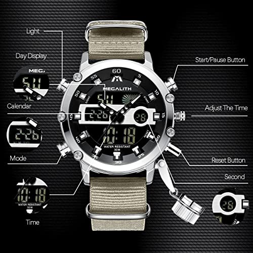 MEGALITH Mens Watches Waterproof Digital Military Sport Tactical Multifunction Heavy Duty Led Rugged Watch for Men, Alarm Stopwatch, Nylon/Leather Strap - color: 8-Khaki