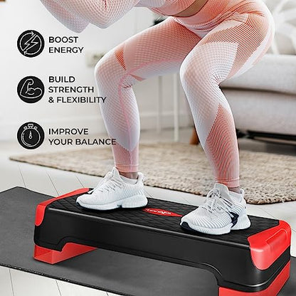 Yes4All 2-in-1 Adjustable Aerobic Step Platform Fitness Exercise Stepper with Rocker Balance Board Legs for Home Workout, Step Exercise & Balance Training - color: C. Red