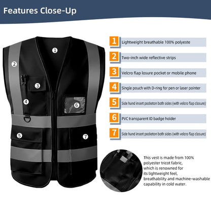 High Visibility Safety Vest with Reflective Strips & Pockets - color: Black, size: Medium