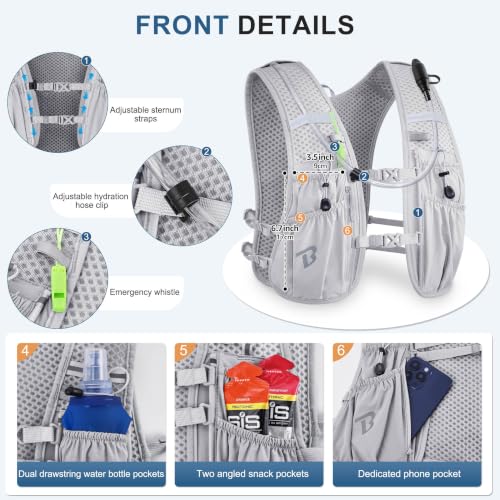 BECOJADDE Running Vest for Women Men, 5L/6L Lightweight Hydration Backpack Running Pack for Marathon, Trail, Cycling, Hiking, Jogging - color: Gray