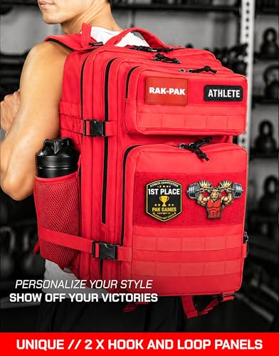 45L Tactical Gym Backpack with 2 Patch Panels, MOLLE System, Dual Bottle Holders & Clamshell Opening (RED) - color: Red