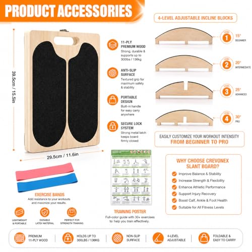 3-in-1 Adjustable Wooden Slant Board for Calf Stretching, Calf Stretcher, Slant Board for Exercise, Adjustable Incline Stretch Board, Non-Slip Squat Wedge for Legs, Ankles & Feet, 400 lbs Capacity