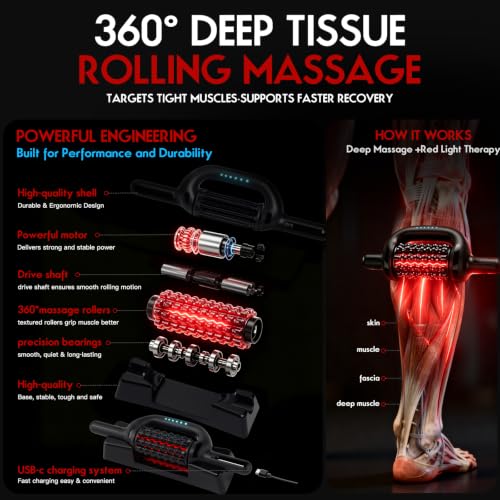 Electric Rolling Massager for Lymphatic Drainage, Red Light Muscle Recovery Roller with Ice Pack, Rechargeable 6-Speed Deep Tissue Massage Stick, Hands-Free Base for Back, Legs, Calves, Arms, Feet