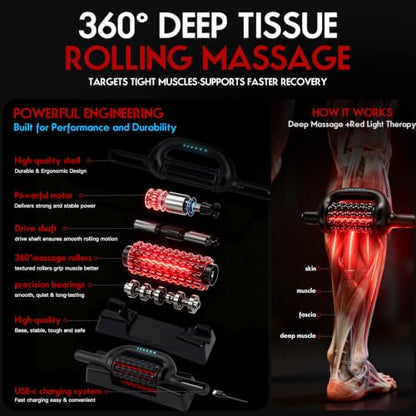 Electric Rolling Massager for Lymphatic Drainage, Red Light Muscle Recovery Roller with Ice Pack, Rechargeable 6-Speed Deep Tissue Massage Stick, Hands-Free Base for Back, Legs, Calves, Arms, Feet
