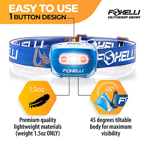 Foxelli LED Headlamp Flashlight for Adults & Kids, Running, Camping, Hiking Head Lamp with White & Red Light, Comfortable Headband, Lightweight & Waterproof, 3 AAA Batteries - color: 1-Pack Blue
