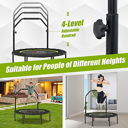 Goplus 40” Folding Fitness Trampoline, Portable Mini Exercise Rebounder 4-Level Height Adjustable Safety Handrail, 2 Resistance Bands, Indoor Outdoor Workout Trampoline for Adults Kids (Green)