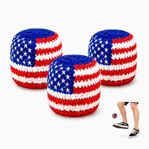 USA Flag Handmade Footbag 3 Pack, Crochet Kick Balls for Outdoor Games