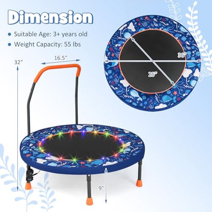 GYMAX 36” Toddler Trampoline with Lights, Folding Springless ASTM Approved Small Kids Rebounder with Foam Handle, Safety Padded Cover & Foldable Legs, Mini Indoor Baby Trampolines (Dark Blue)
