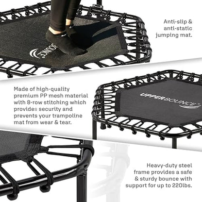 Upper bounce Mini Workout Trampoline Adjustable tshaped handrail – Hexagonal rebounder Trampoline Kids & Adults – Fitness Recreational Trampolines, Supports up 220lbs. (Black, 50 Inches)