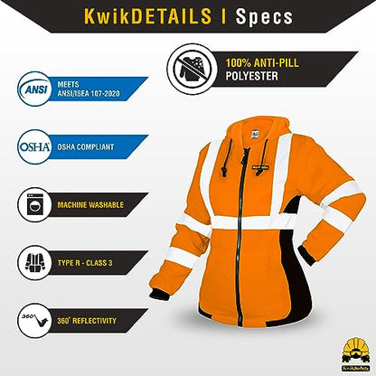 KwikSafety Women's Fleece Safety Hoodie Class 3 ANSI OSHA PPE - color: Orange, size: XX-Large