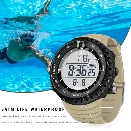 PALADA Men's Digital Sports Watch Waterproof Tactical Watch with LED Backlight Watches for Men - color: Dright Khaki