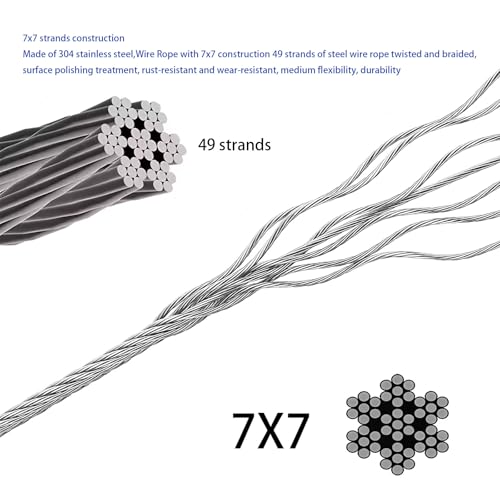 Wire Rope,Equipped with Crimping Pliers,1/16 Wire Rope, Aircraft Cable,304 Stainless Steel Cable,7x7 Strand Core 196FT,368lbs Breaking Strength - size: 1/16 inch 196FT, style: 1/16 inch