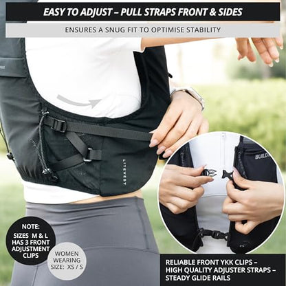 Build & Fitness LITEVEST Running Vest with 2X 500ml Soft Flasks – 7 Pockets, Lightweight, Breathable Hydration Vest – Premium, Secure, Comfort & Style for Training, Trails, Marathons & Everyday Runs - size: L / XL