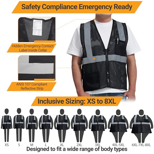 AYKRM 2 Pocket Mesh High Visibility Reflective Safety Vest for men & Women ANSI/ISEA 107 Standards - color: Black, size: XX-Large
