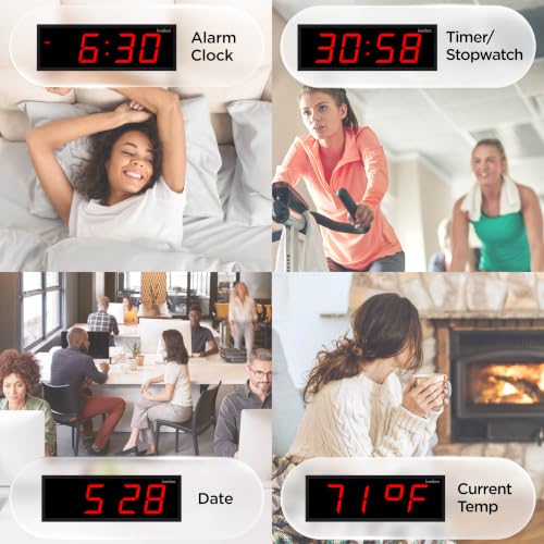 Ivation Large Digital Wall Clock with Big LED Display & Timer, 18" - color: Red, size: 18" x 6"