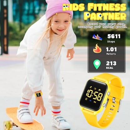 Kids Digital Watches for Boys Girls, Sports Watch with Fitness Tracker, Pedometer, Alarm Clocks, Stopwatch, No App Needed Waterproof Kids Watch, Gift for Teens Student Girls Boys Ages 5-14 - color: Yellow