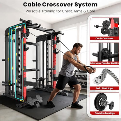 pooboo Power Cage Smith Machine with 2000LB Squat Rack Cable System