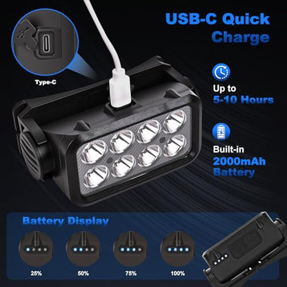 Elmchee Rechargeable Headlamp 2 Pack, 2500 Lumen Bright 8 LED Headlight, 10 Modes Adjustable Motion Sensor, USB-C Waterproof Head Flashlight, Outdoor Hiking Camping Fishing (8 Led Headlamp) - style: 8 Led Headlamp