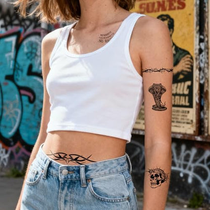 Semi Permanent Tattoo, No Ragrets Barbed Wire Skull Design, Large - color: barbed wire tramp