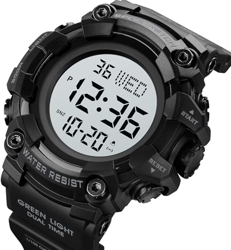 XCZAP Men's Black Digital Sports Watch, Large Face Military Tactical Watch, 5ATM Water Resistant, LED Backlight, Alarm, Stopwatch,Dual Time - color: Black-0