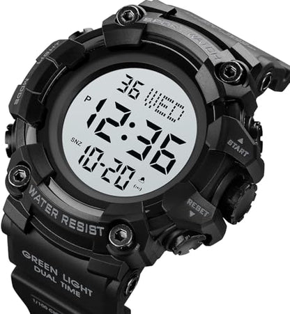 XCZAP Men's Black Digital Sports Watch, Large Face Military Tactical Watch, 5ATM Water Resistant, LED Backlight, Alarm, Stopwatch,Dual Time - color: Black-0