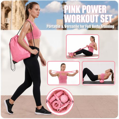 5PCS Ultimate Multifunction Pedal Resistance Bands with Handles - Foot Pedal Resistance Band for Total Body Workout, Includes Massage Ball,Bag &Quick Start Guide - color: Pink