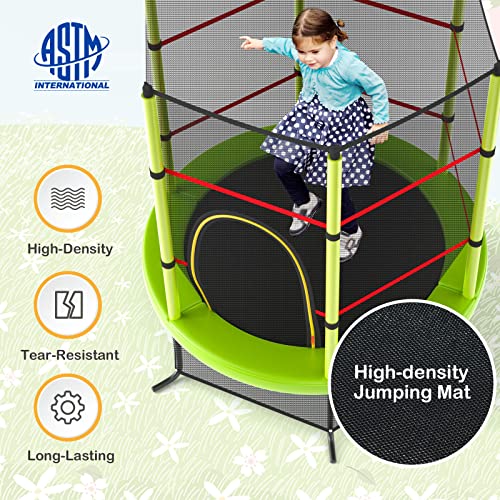 GYMAX Toddler Trampoline, 55” Trampoline for Kids with Bottom-to-Top All-Round Enclosure Net & Seamless Jumping Mat, ASTM Approved Easy Assembly Kids Mini Trampolines Indoor/Outdoor - color: Grass Green
