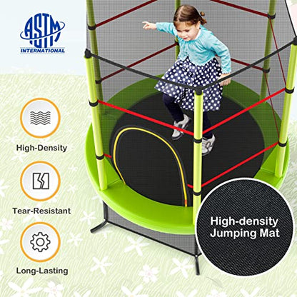 GYMAX Toddler Trampoline, 55” Trampoline for Kids with Bottom-to-Top All-Round Enclosure Net & Seamless Jumping Mat, ASTM Approved Easy Assembly Kids Mini Trampolines Indoor/Outdoor - color: Grass Green
