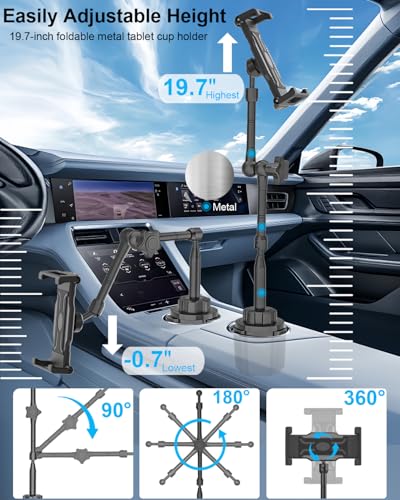 Tablet Holder for Car Cup Holder, [Full Motion Swivel 19.7" Height] Metal Tablet Car Mount for Truck, for iPad Pro Air Mini, Galaxy Tab, Z Fold, Fire, iPhone, 6-15.6" Devices, Cars Trucks SUVs